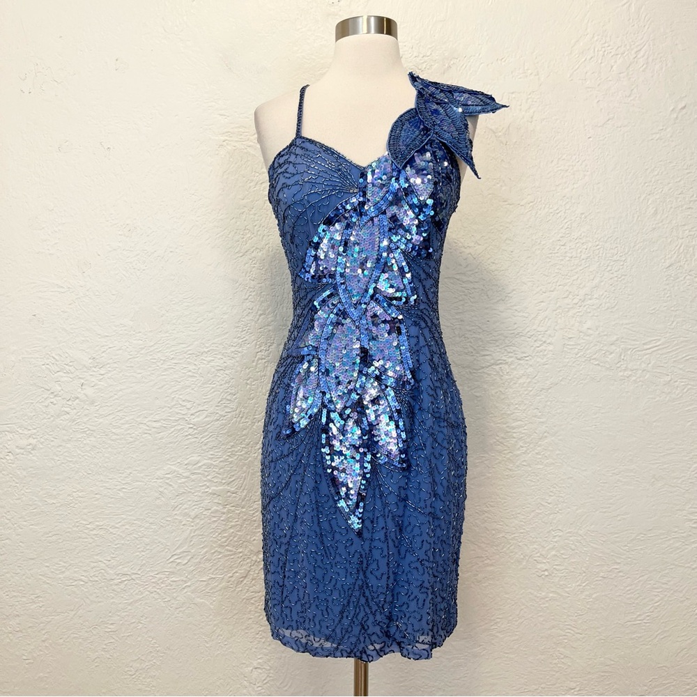 Vintage NiteLine Dress Blue Silk Chiffon Beaded Sequins 70s 80s Party XS S - Picture 4 of 11
